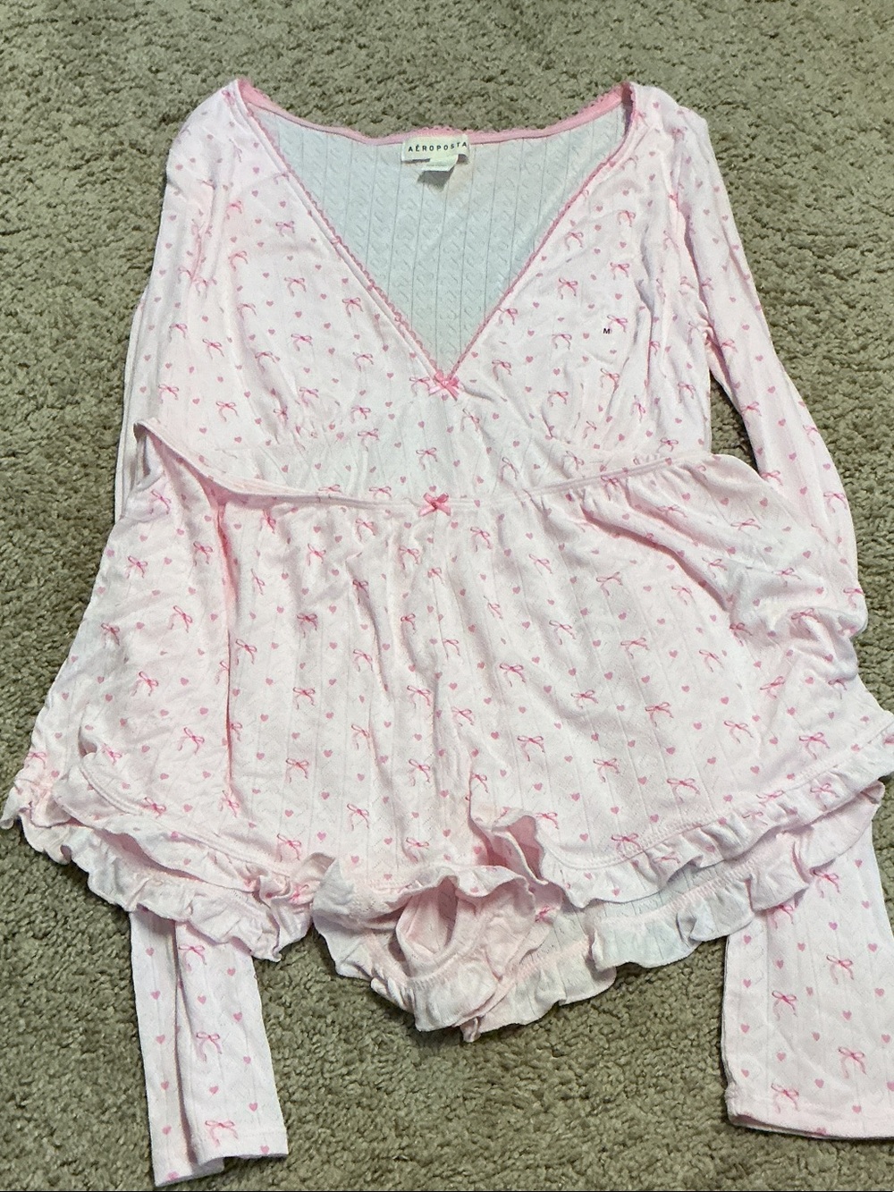 Aeropostale Light Pink Bow-Print Long Sleeve Sleep Romper